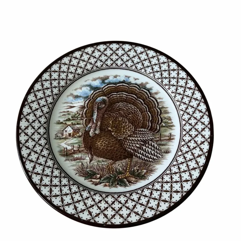 4 Royal Stafford Thanksgiving TURKEY Porcelain Salad Plates 8in England NEW